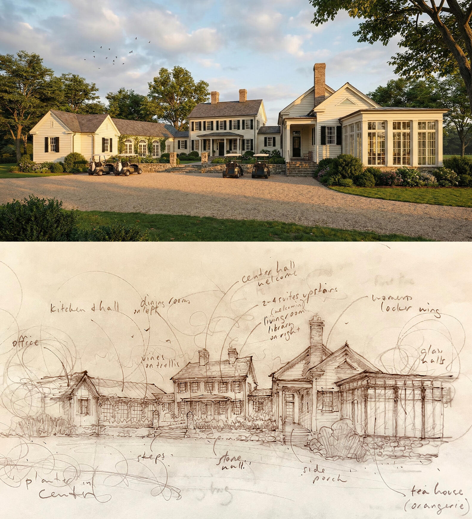 the ai render was created directly from this very early character sketch, allowing for a wide range of design communication